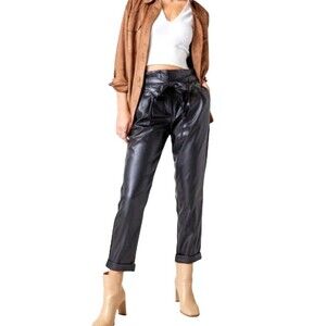 Almost Famous Black Faux Leather Cargo Jogger Pants paperbag women wrapped S